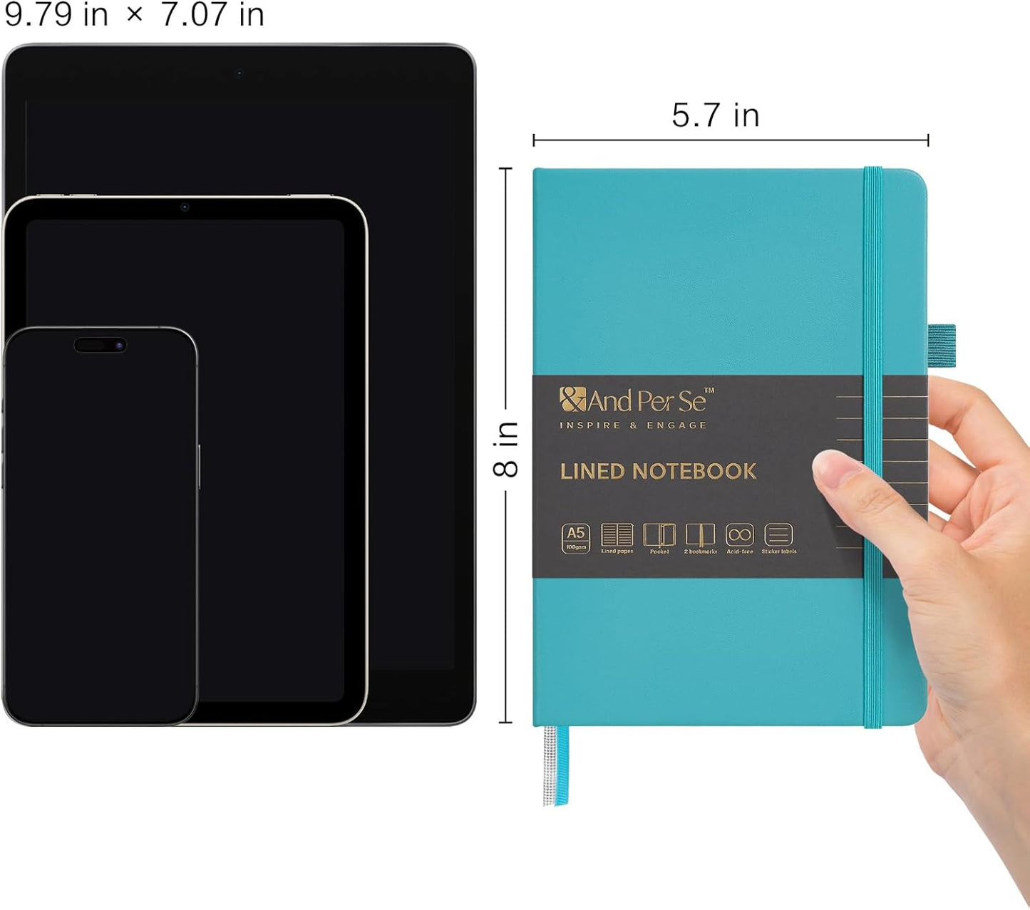 &And Per Se Lined Journal Notebook (5 Packs), 160 Pages, A5 5.7 x 8 inches College Ruled Thick Paper Notebook Journals for Writing, Hardcover Notebooks for Women Men Office School (Cerulean Blue)