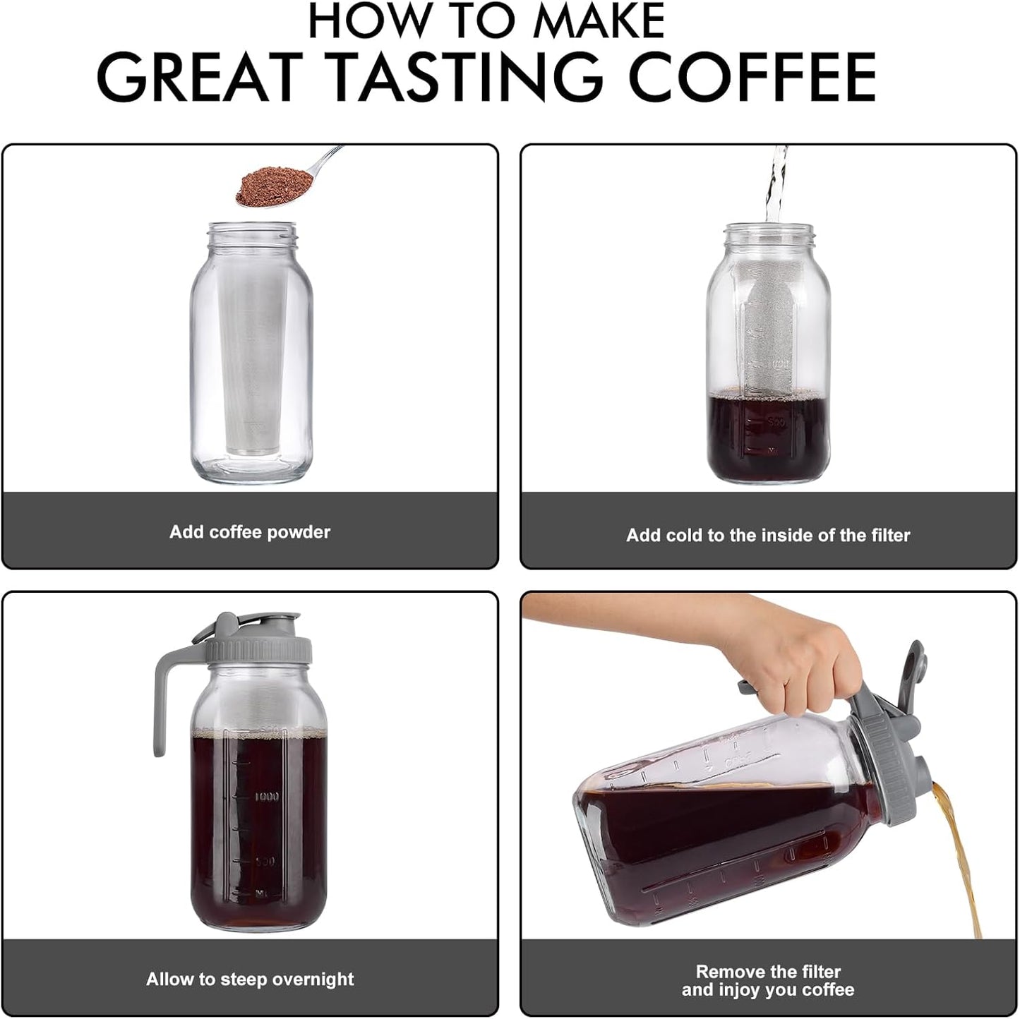 Cold Brew Mason Jar iced Coffee Maker, Durable Glass, - 64 oz (2 Quart / 1.9 Liter), With Handle& Stainless Steel Filter for Iced Brew Coffee, Lemonade, Ice Tea, Homemade Fruit Drinks Container