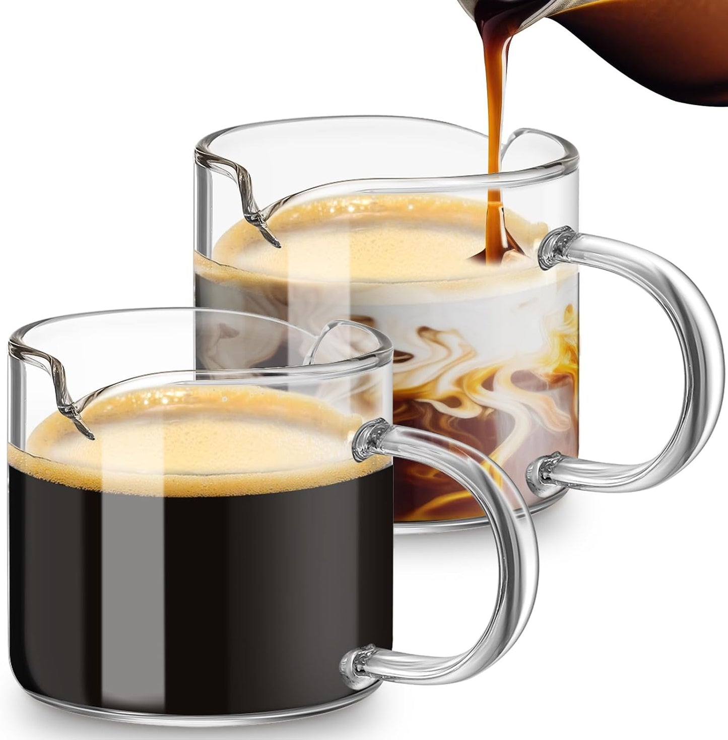 Patelai Espresso Cups Set of 2, 180ml/ 6oz Coffee Cups with Double Spouts & Handle, Clear Espresso Shot Glass for Espresso Machines, Milk Frothing, and Coffee Bars Accessories