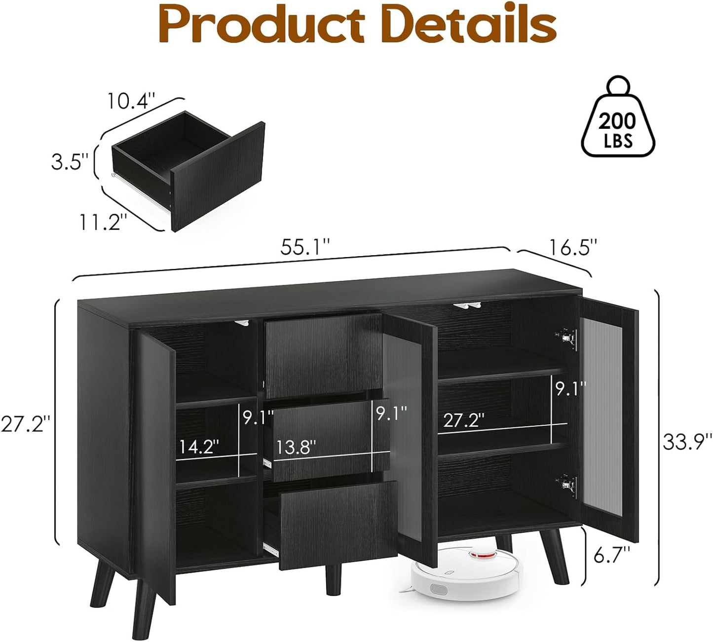 Soohow Farmhouse Buffet Cabinet, 55.5" Coffee Bar with 3 Drawers and Pop-Up Doors, Large Rustic Sideboard for Dining Room, Kitchen, Hallway, and Living Room