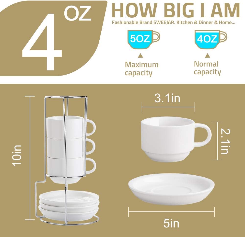 Sweejar Porcelain Espresso Cups with Saucers, 4 Ounce Stackable Cappuccino Cups with Metal Stand for Coffee Drinks, Latte, Tea - Set of 4 (Fog blue)