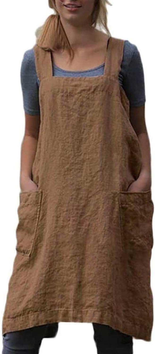 YESDOOD Cotton Linen Apron Cross Back Apron for Women with Pockets Pinafore Dress for Baking Cooking
