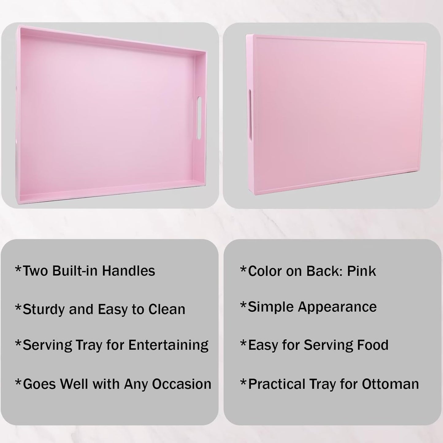 Pink Serving Tray for Coffee Table, Rectangular Plastic Decorative Tray with Handles for Entertaining, Outdoor Patio, Living Room, Ottoman, Bathroom Counter, 11.8”*15.7”*1.6”