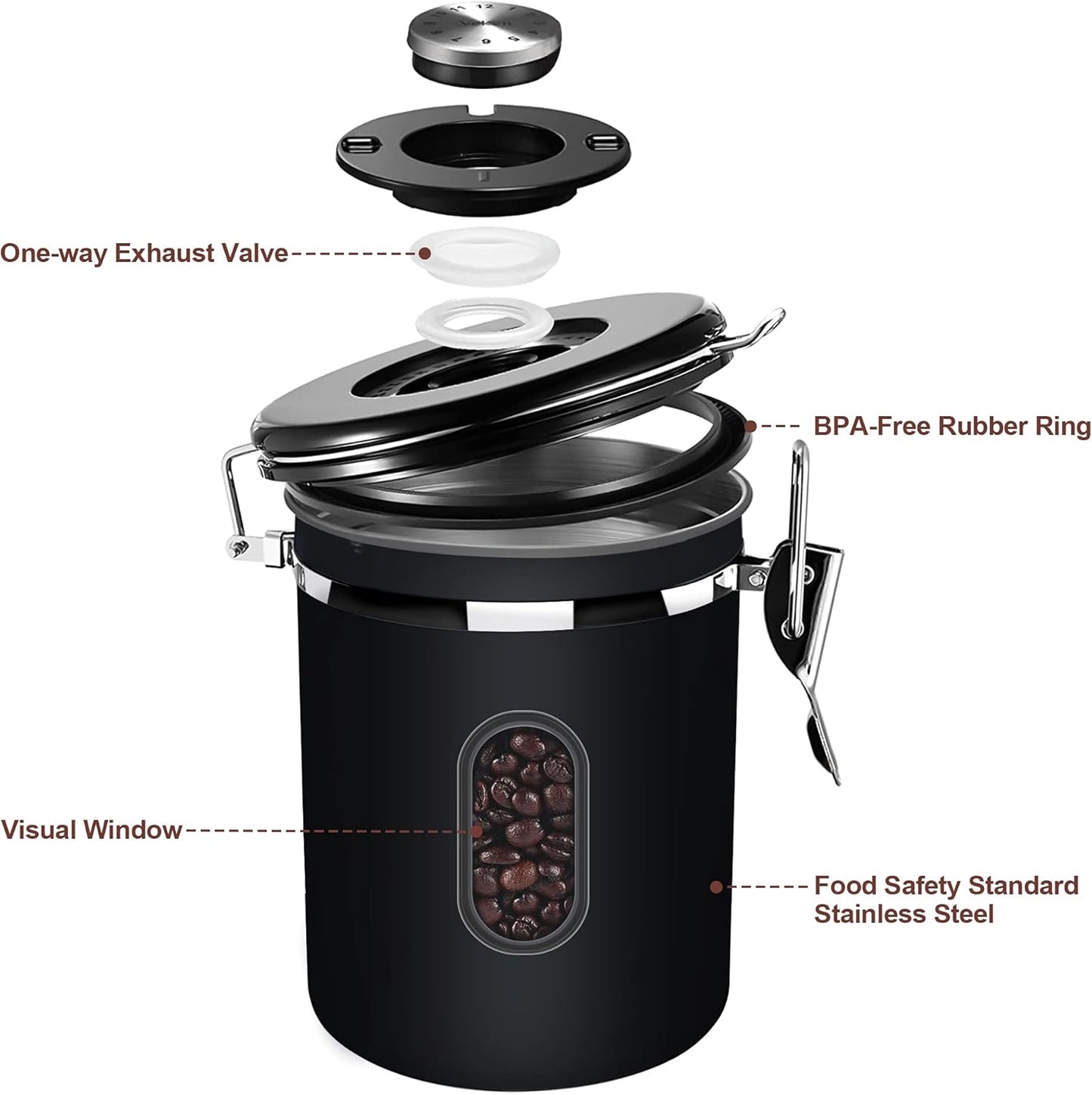 1800ML Airtight Coffee Canister with Date Tracker&Transparent Window, 22.8OZ Coffee Container with 30ML Measure Spoon&4 co2 Valve, Coffee Bean Storage Container for Grounds Coffee, Beans, Tea(Black)