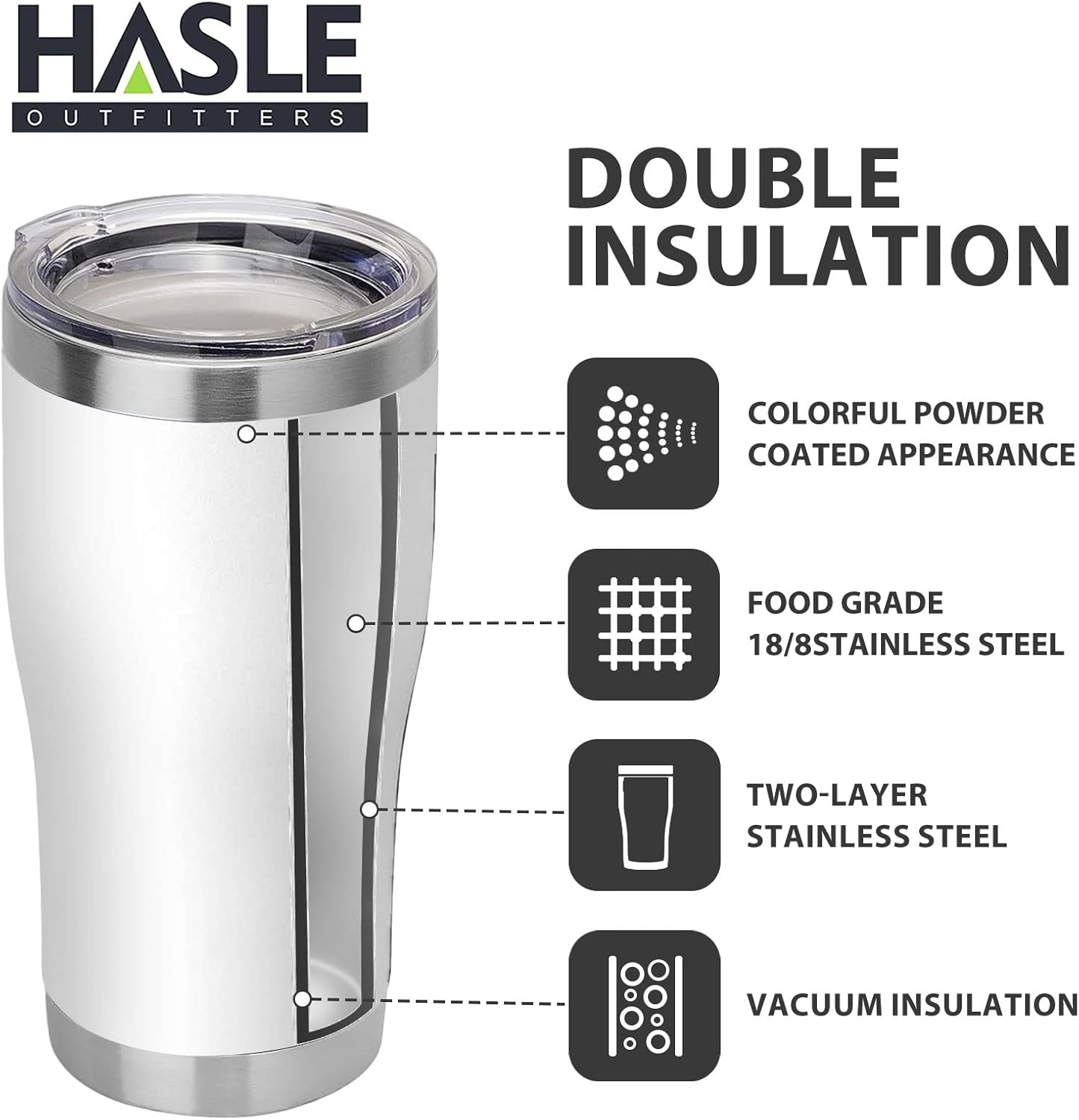 HASLE OUTFITTERS 20 oz Tumbler Bulk, Stainless Steel Tumblers with Lid, Vacuum Insulated Tumbler, Double Wall Powder Coated Cup, coffee mugs, White, 12 Pack