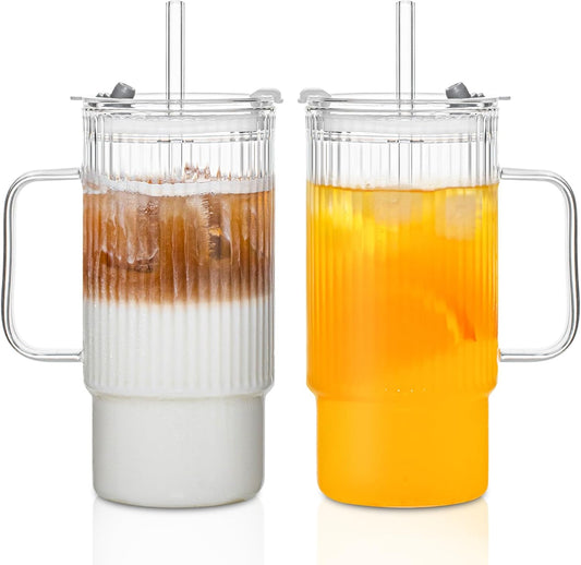 KEMORELA 2PCS 20 Oz Ribbed Glass Tumblers with Lids & Straws – Handle Iced Coffee Cups, Reusable Clear Drinkware for Smoothies & Cold Beverages – Dishwasher Safe