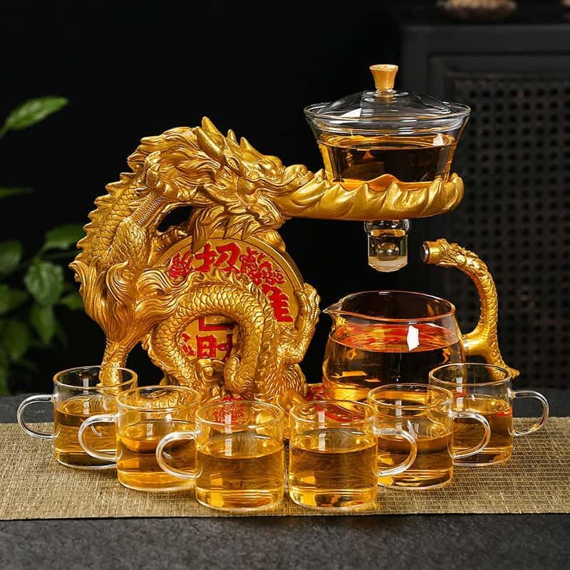 Glass Teapot Set with Infuser Semi Automatic Dragon Tea Set with 6 Small Cups (golden dragon-b)