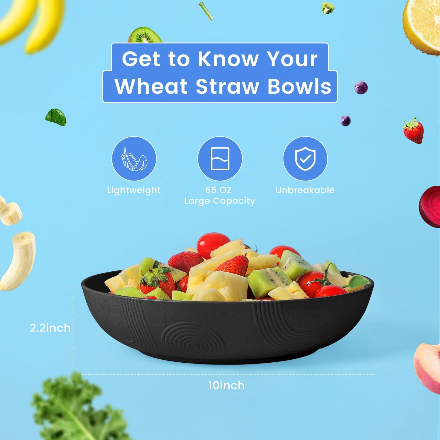 Homienly Wheat Straw Large Salad Bowl Set - Salad Bowls for Kitchen, Party, 60 OZ Large Capacity Serving Bowls Set of 2, Microwave and Dishwasher Safe Big Fruit Bowls (Black)