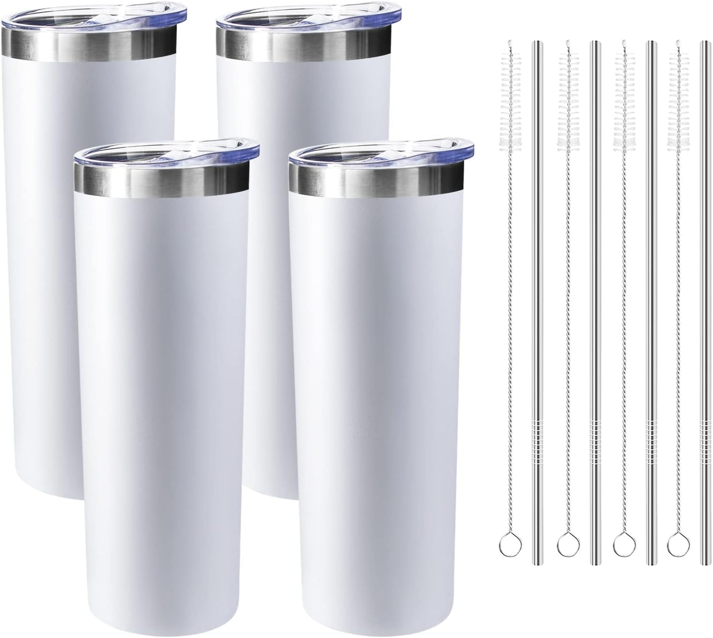 20 oz Skinny Tumblers with Lid and Straw,Stainless Steel Vacuum Insulated Tumbler Cup Double Wall Travel Coffee Mug, Thermal Water Tumbler for Hot and Cold Drinks(White,4)