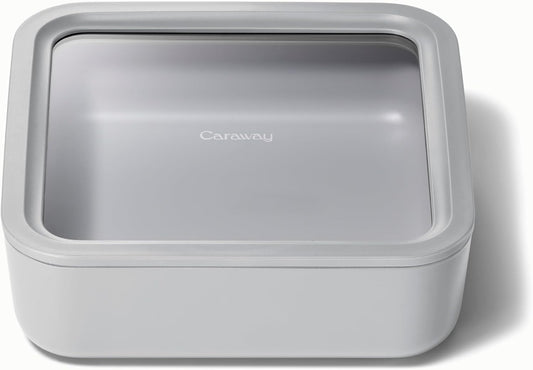 Caraway Glass Food Storage, 10 Cup Glass Container - Ceramic Coated Food Container - Non Toxic, Non Stick Lunch Box Container with Glass Lids. Dishwasher, Oven, & Microwave Safe - Square Shape - Gray