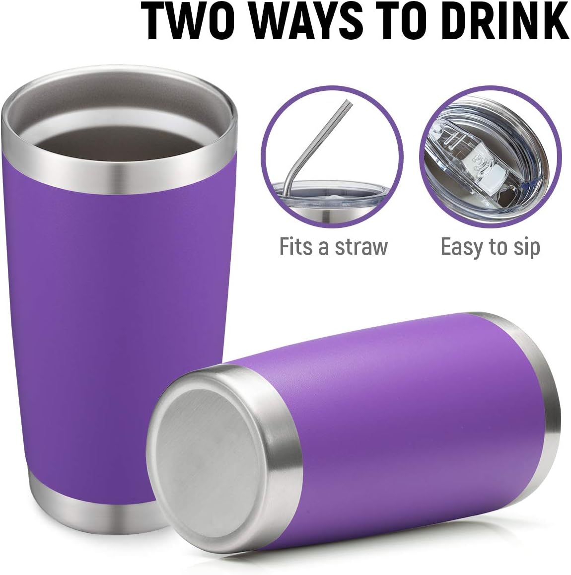 COMOOO 20oz Double Wall Vacuum Insulated Travel Mug, Stainless Steel Tumbler with Lid and Straw Durable Powder Coated Insulated Coffee Cup for Cold & Hot Drinks (Purple, 4 Pack)