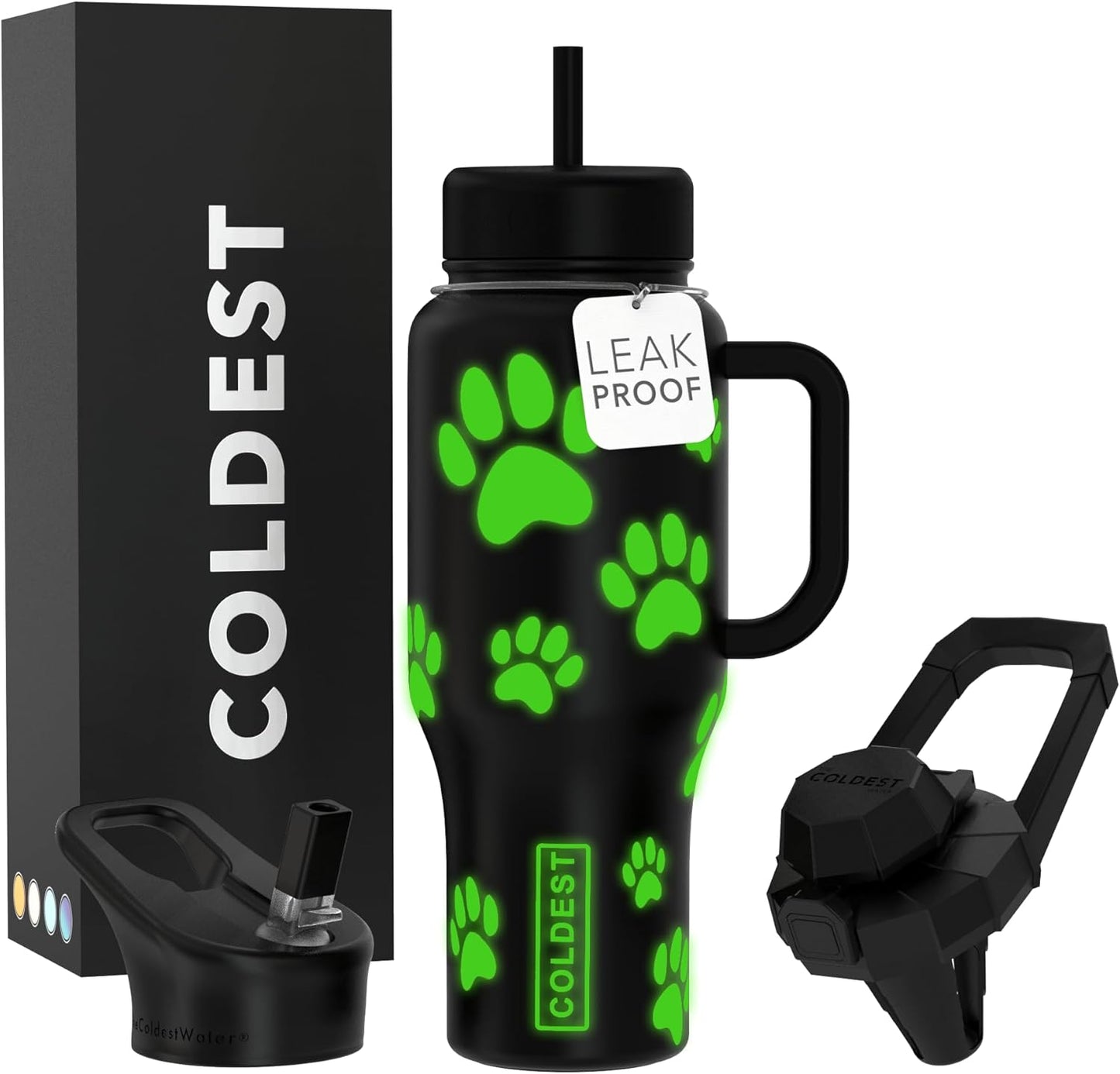 Coldest 40 oz Tumbler with Handle and Straw - 100% Leak Proof Insulated Tumbler with Lid and Straw (3 Lids) - Stainless Steel Tumblers for Women & Men - Cup Holder Friendly Base, 36 oz (Glowie Paws)