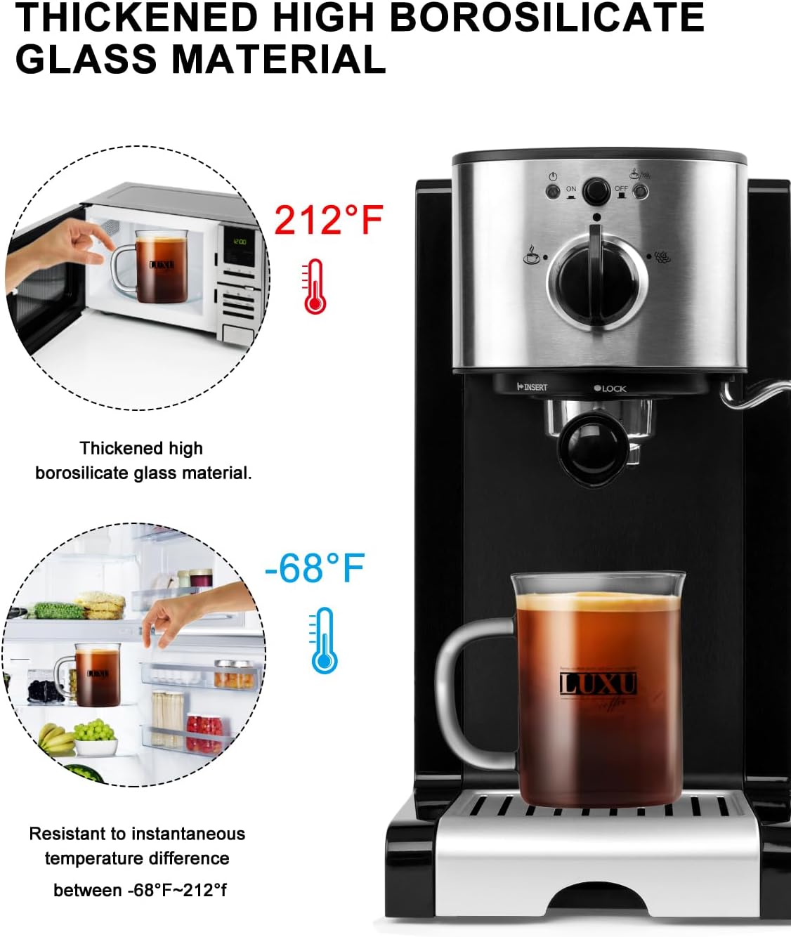 LUXU Borosilicate Glass Coffee Mugs (Set of 2)-15 oz,Clear Tea Cups,Lead-free Drinking Glasses with Handle,Perfect for Latte,Americano,Cappuccino,Tea Bags,Water,Milk and Hot and Cold Beverage