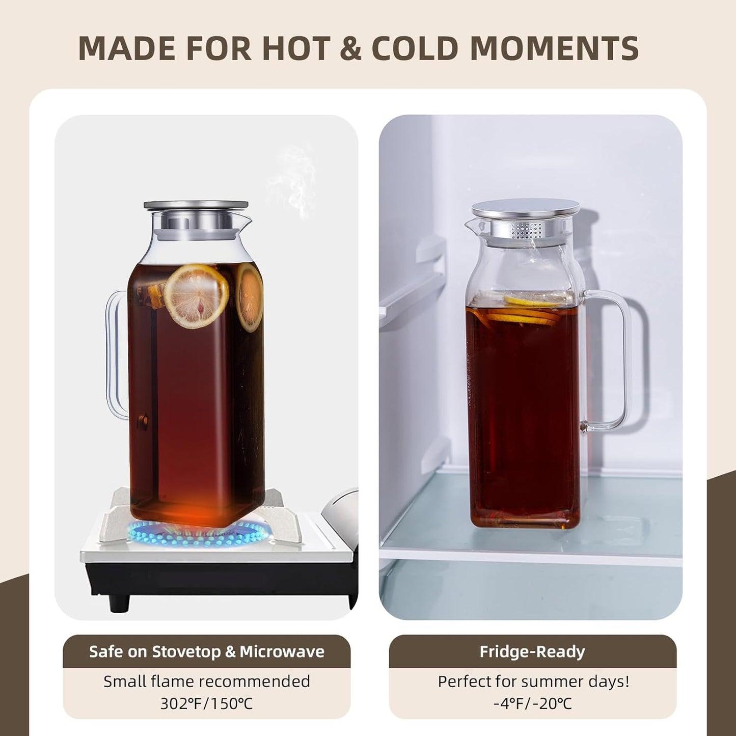 2 Pack Square Glass Water Pitcher with Lid and Spout, 2L/68oz Heat Resistant Borosilicate Glass Carafe, Temperature Safe