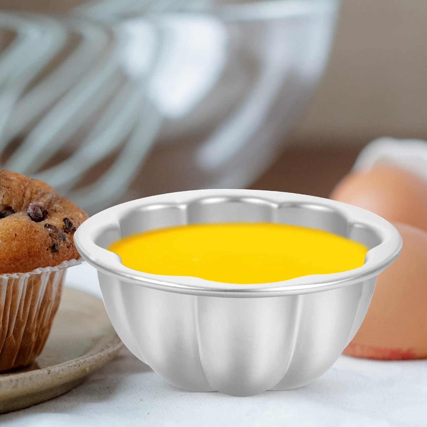 6pcs Egg Tart Molds Muffin Tin Pans Mini Single Cupcake Baking Molds Flower Shaped Aluminum Alloy Pudding Cups for Kitchen Cooking 9.5cm Cake Stencil