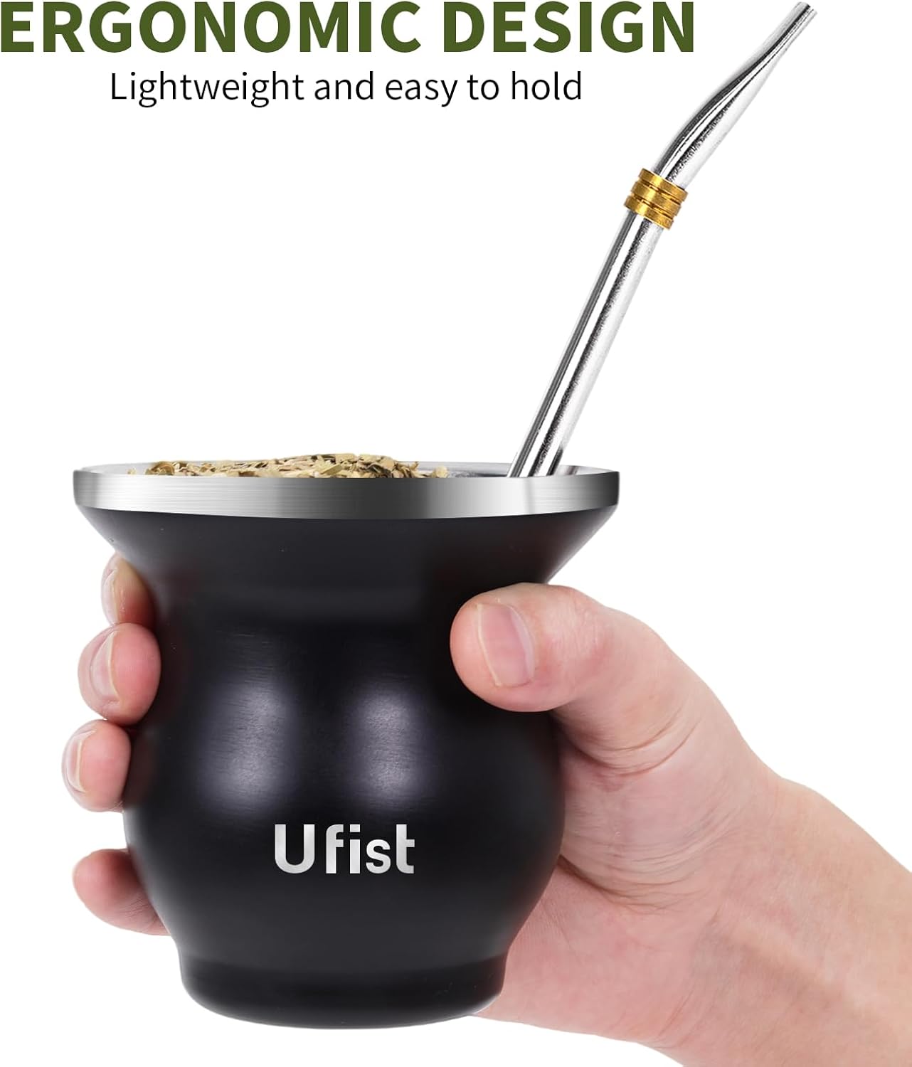 Yerba Mate Cup Set, Include Stainless Steel Double-Wall Mate Gourd with 2 Bombilla Straws and Cleaning Brush, 7.8oz Capacity, Black