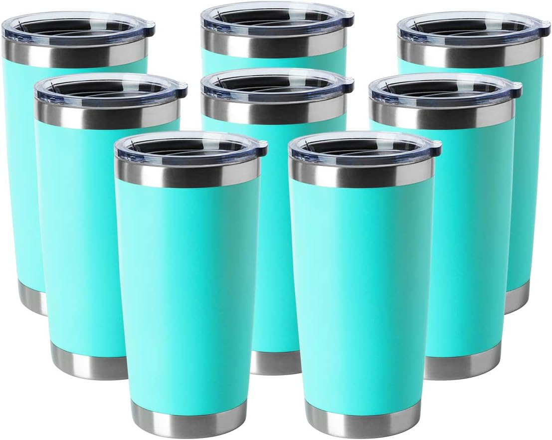 HASLE OUTFITTERS 20oz Tumblers Bulk Stainless Steel Cup with Lid Double Wall Vacuum Insulated Coffee Mug for Cold & Hot Drinks 8 Pack, Light Blue