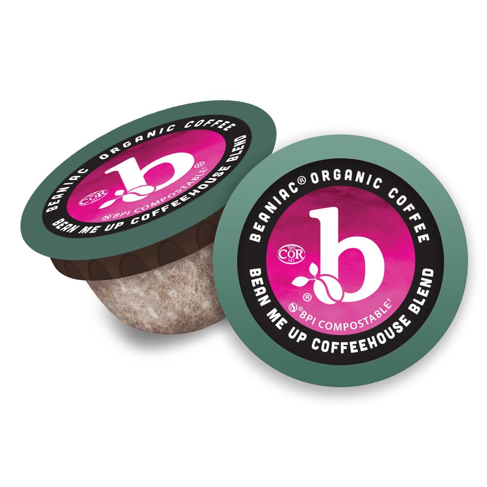 beaniac Organic Bean Me Up Coffeehouse Blend, Medium Roast, Single Serve Compostable K Cup Coffee Pods, Organic Arabica Coffee, Keurig Brewer Compatible, 30 Count