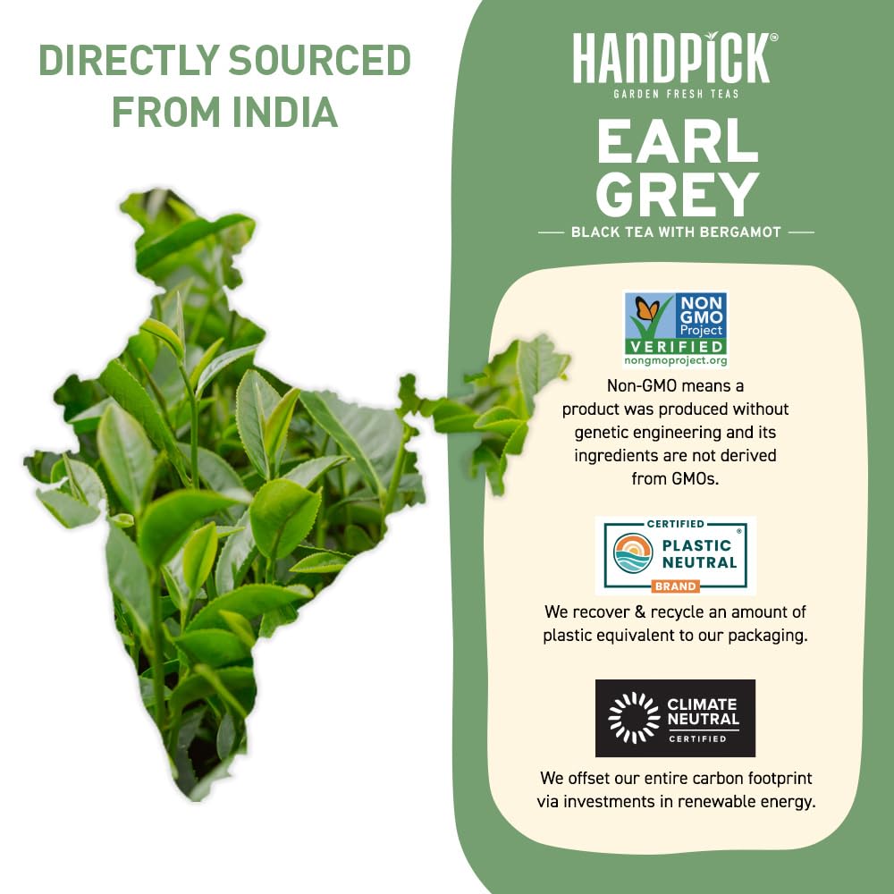 HANDPICK, Earl Grey Black Tea Bags (100 Count) Bergamot Oil | Caffeinated, Earl Grey Tea Bags | Flavoured With Citrus and Bergamot Brew Hot/Iced Tea with or without milk