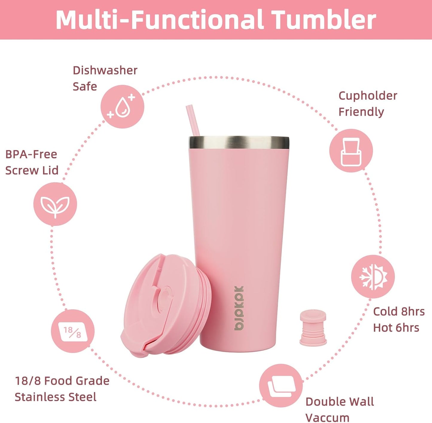 BJPKPK 22oz Tumbler With lid And Straw Stainless Steel Travel Coffee Mug Insulated Tumblers Cups,Light Pink