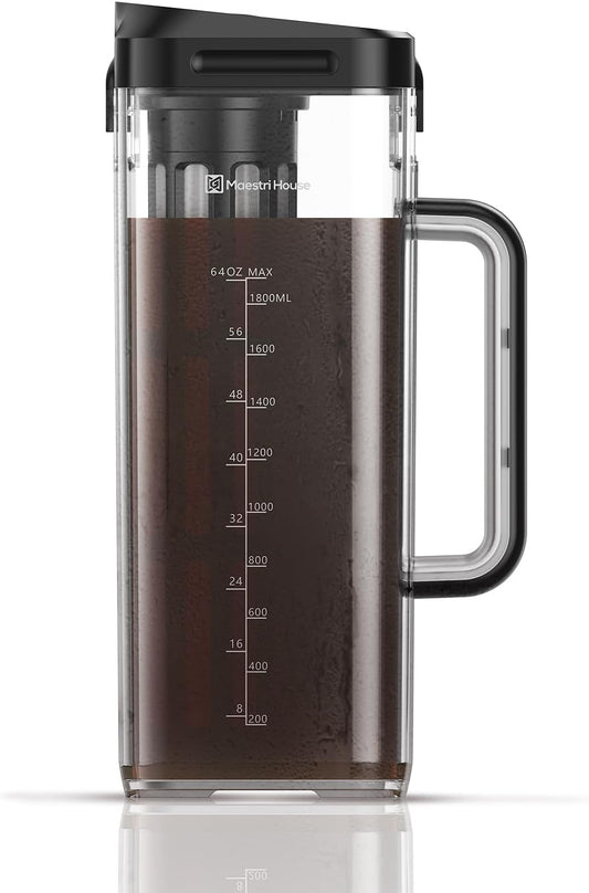 Maestri House Compact Cold Brew Coffee Maker, 64oz Iced Tea and Coffee Maker Brewer Space Saving Tritan Pitcher, 350 Mesh Filter, 100% Leak-Proof