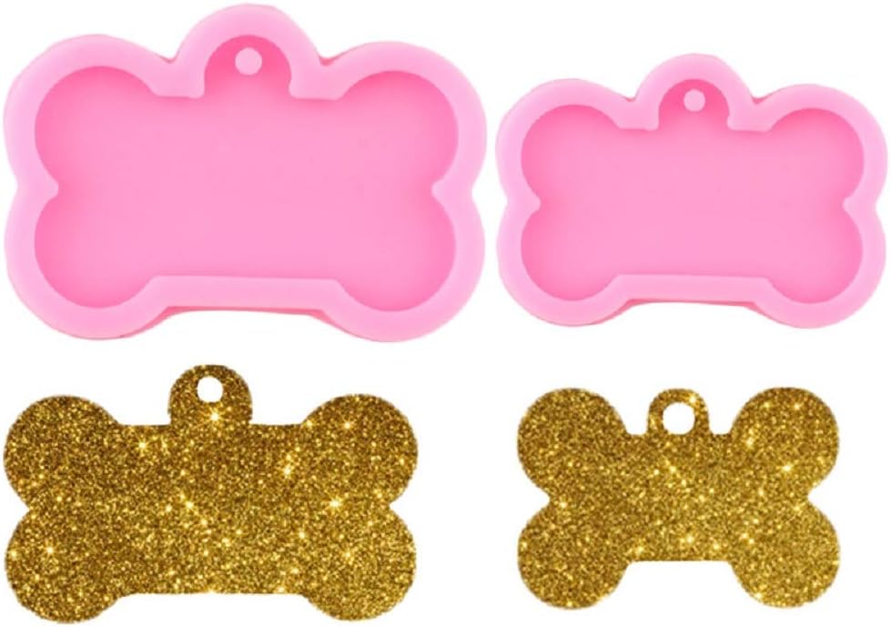 ESEENS 8 Pack Shiny Bone Shape Tag Resin Mold Dog Bone Shape Handmade Keychain Silicone Mold For Resin Epoxy Mold Round Tag Pendant Keychain Mold Tag Mold