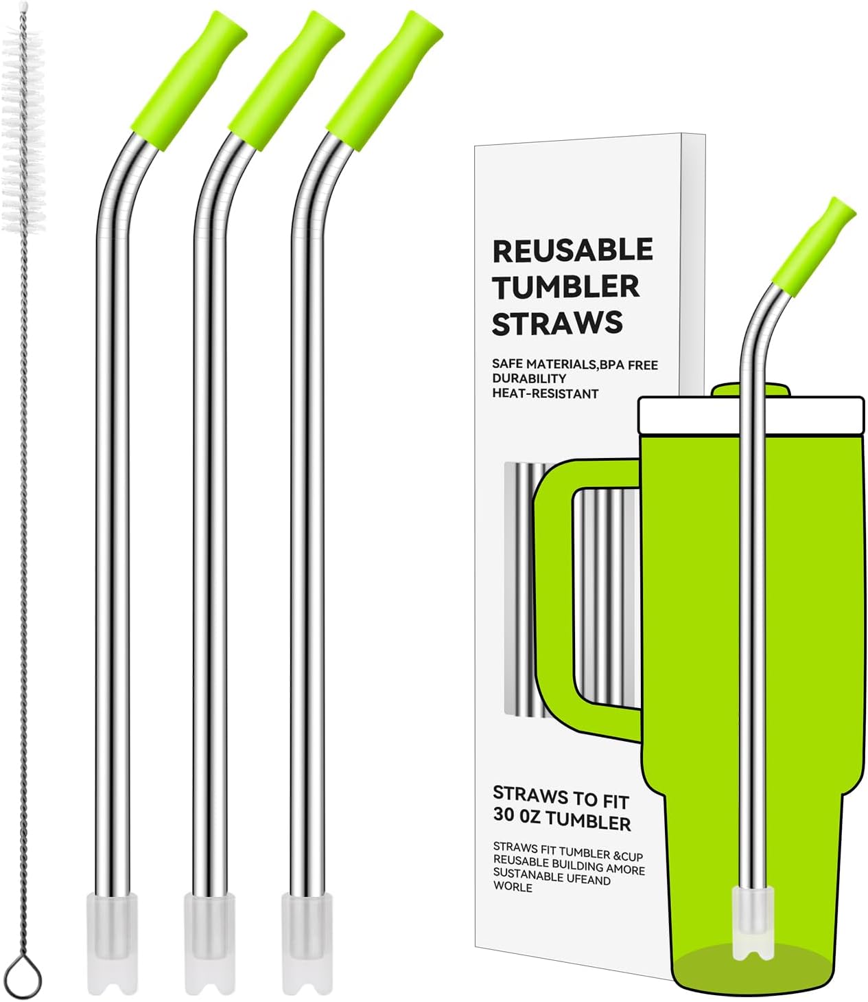 Reusable Stainless Steel Straws with Silicone Tip for Stanley 30oz, Metal Drinking Straws for 30oz Tumbler,3 Bent Tubes & 6 Tips& 1 Cleanr Brush (Bright Lime)