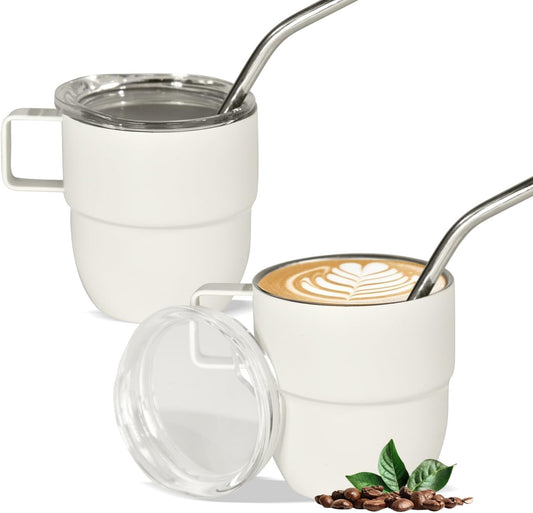 4oz Stackable Cup, Vacuum Insulated Espresso Cup Set of 2, Espresso Mug for Coffee, Double Wall Stainless Steel Mini Tumbler Shot Glasses with Straw and Lid (B-white2P, 4oz)