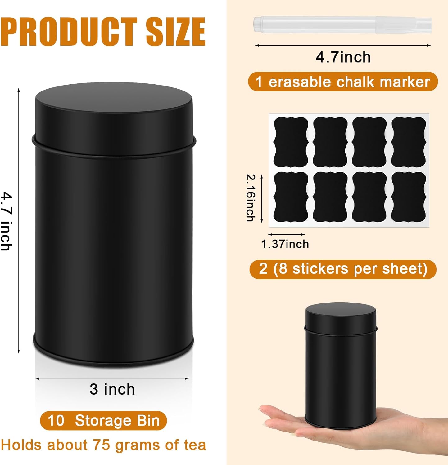 Tanlade 10 Pcs Tea Tin Canister Metal Round Can with Airtight Lid Double Sealed Tea Tin Canisters, with 1 Erasable Chalk Marker and 16 Stickers for Loose Leaf Coffee Sugar, 16 oz