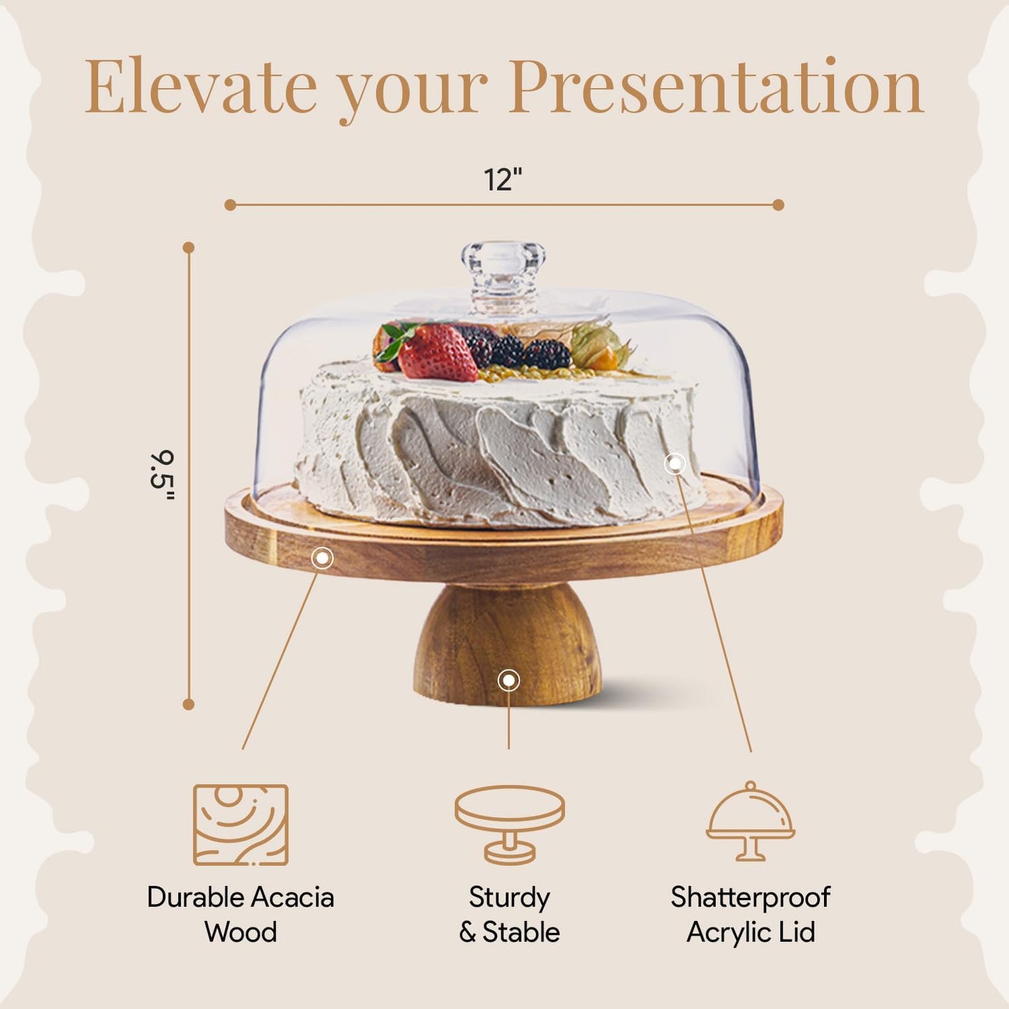 Acacia Wood Cake Stand with Lid - 12in Round Cake Holder, 2-in-1 Dessert Table Display Set & Charcuterie Board for Cheese, Chips & Dips, Nachos, Fruit Platter, Large Acrylic Cake Dome Cover