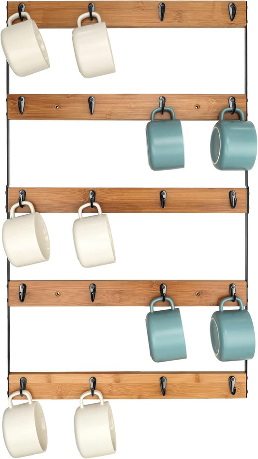 Wall Mounted Coffee Mug Holder, Large 5 Tier Shelf with 20 Hooks for Cups, Rustic Wooden Display Rack for Kitchens, Homes and Bars (Bamboo) ﻿