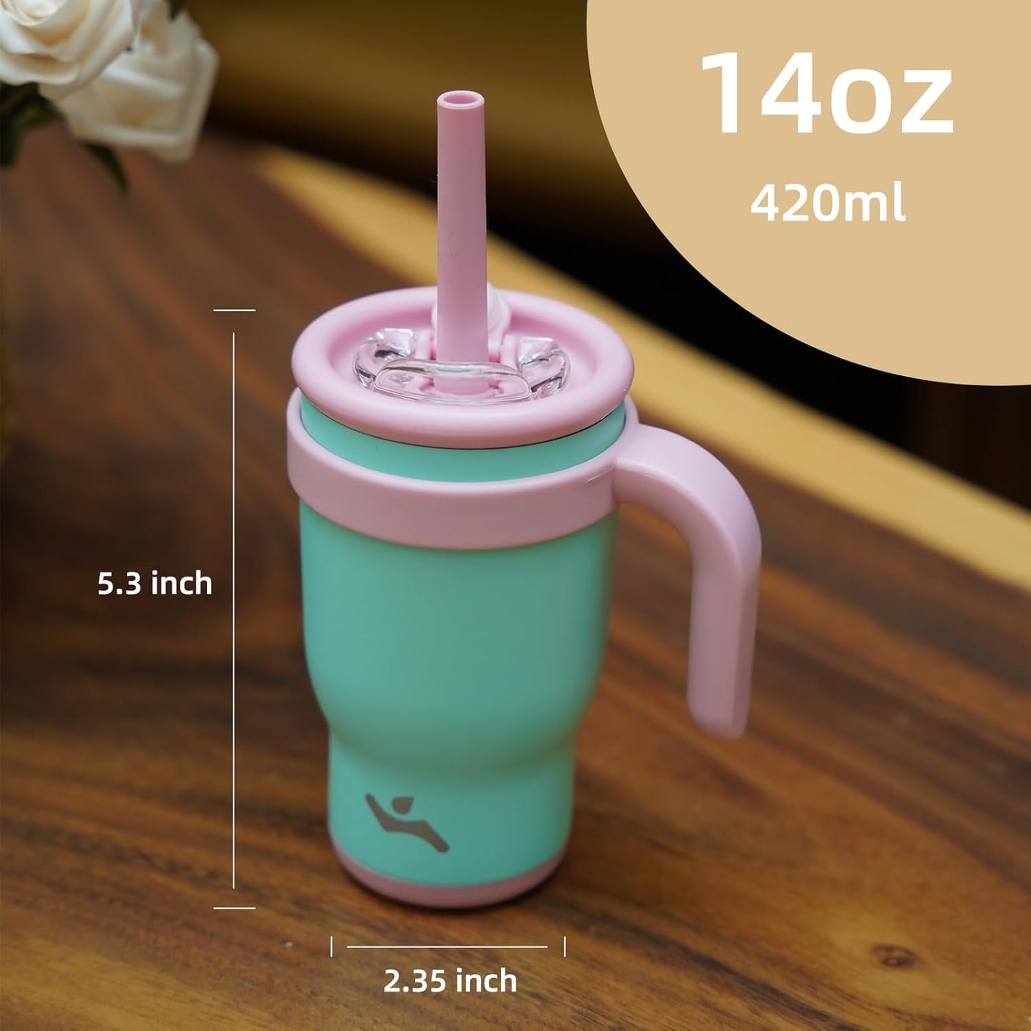 14 oz Tumbler with Side Handle, Insulated Water Bottle with Straw and 2 in 1 Lid, Stainless Steel Cup Travel Coffee Mug for Sports Office Gym,Fuchsia