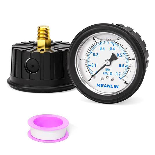 MEANLIN MEASURE 0~10Psi Stainless Steel Liquid Filled Pressure Gauge 1/4" NPT 2.5" FACE DIAL with Rubber Protective Sleeve, Center Back Mount