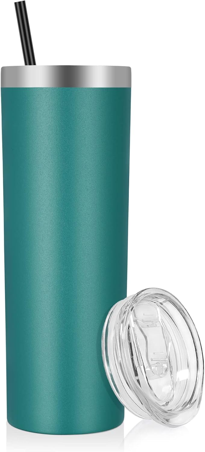 VEGOND Stainless Steel Skinny Tumbler, 20 oz Vacuum Insulated Tumbler with Lid and Straw, Double Wall Coffee Cup, Travel Mug for Cold Hot Drinks, Dark Green 1 Pack