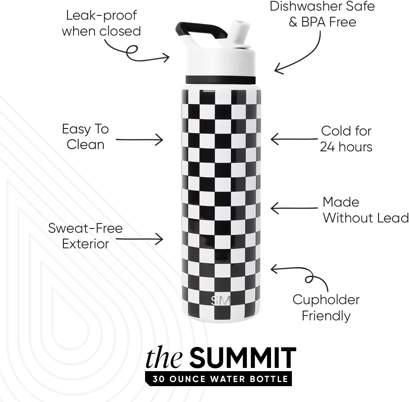 Simple Modern Water Bottle with Straw Lid | Vacuum Insulated Stainless Steel Metal Thermos | Reusable Leak Proof BPA-Free Flask for Sports Gym | Summit Collection | 30oz, Black and White Checkmate