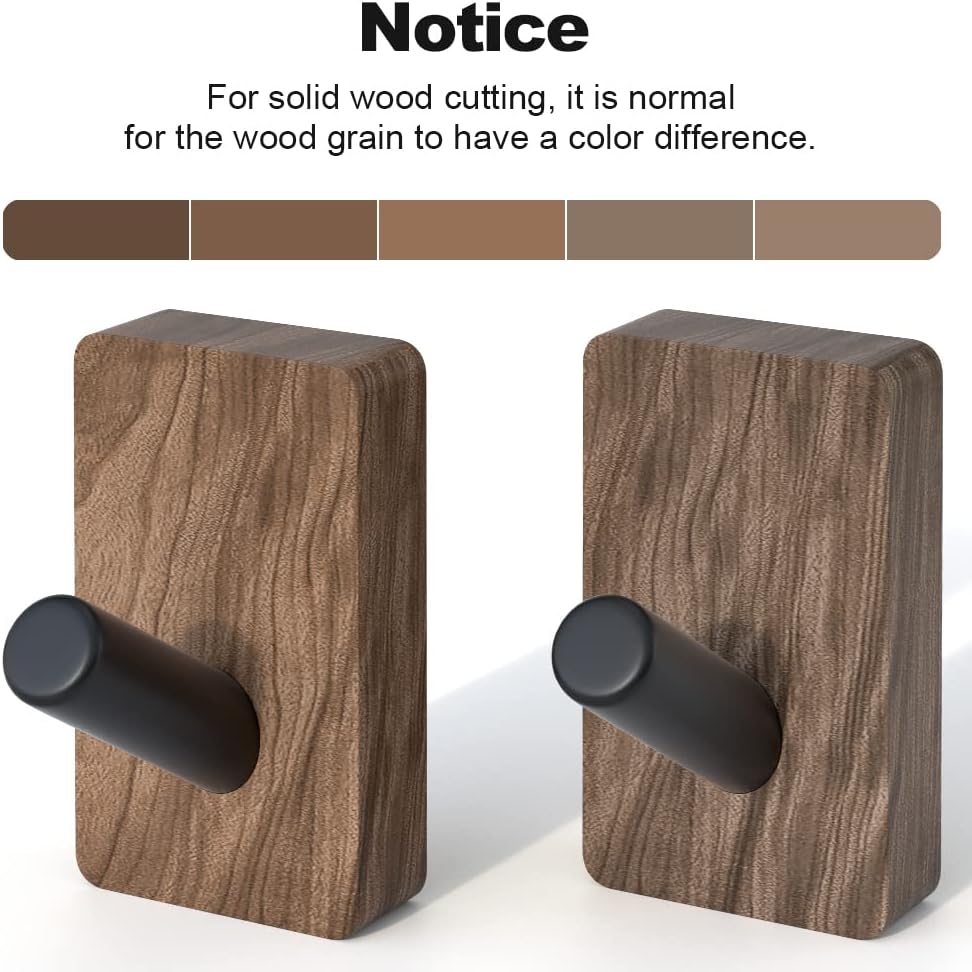 4 PCS Black Walnut Wood Wall Hooks, Adhesive Mounted & Wall Mounted Rustic Decorative Entryway Hooks, Mid Century Modern Natural Wooden Pegs for Hanging Coat Clothes Hat Bag Purse and Towel