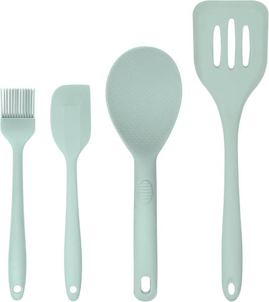 Silicone Utensils 4-Piece Set – Rubber Spatula, Pastry Brush, Slotted Turner, and Rice Paddle – Complete Heat-Resistant Set for Non-Stick Cookware – Kitchen Tools for Cooking and Baking – Pastel Green