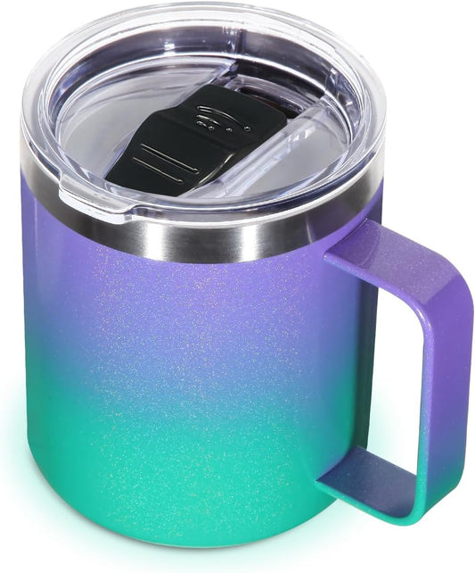 Volhoply 14oz Insulated Stainless Steel Coffee Mug with Leakproof Lid,Double Wall Vacuum Travel Coffee Cup with Handle,Reusable Cups Tumbler,Camping Mugs Keep Hot,Ideal Gifts(Purple Green,1)