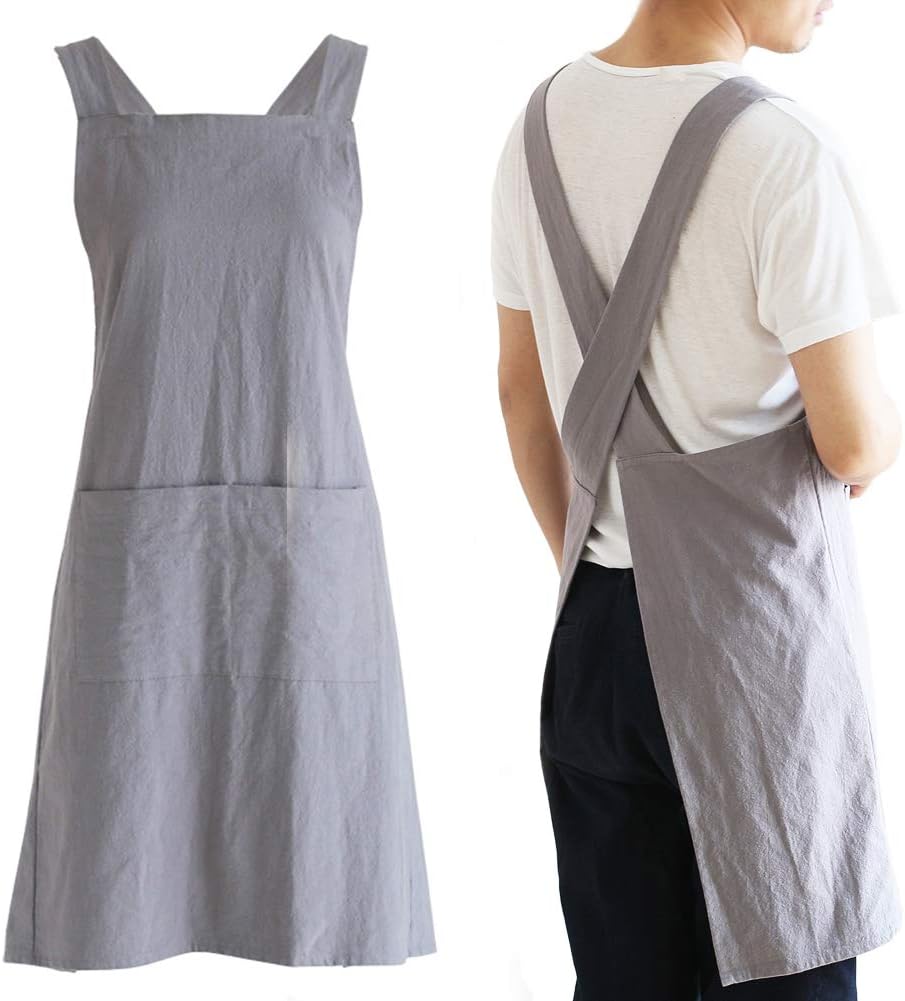 NEWGEM Japanese Linen Cross Back Cooking Aprons for Women Men with Pockets Cute for Baking Kitchen