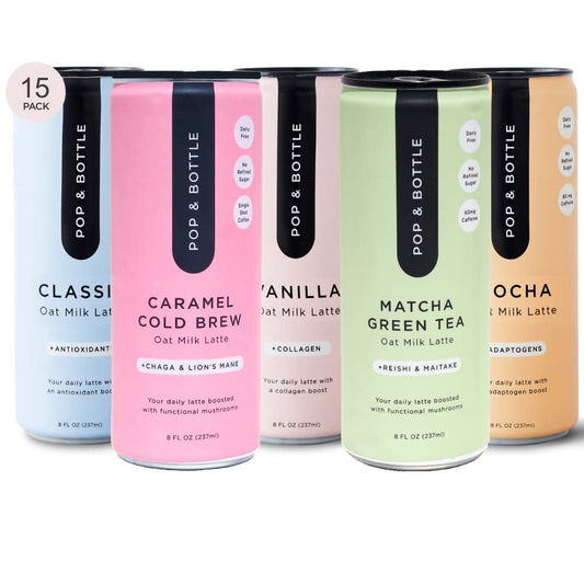 Pop & Bottle, Oat Milk Lattes - Maca, Antioxidants, Ashwagandha, MCT Oil, Collagen, Mushrooms, Organic, Dairy & Gluten Free, Great as Iced Coffee, Lightly Sweetened with Dates - 8 Fl Oz (15 Pack)