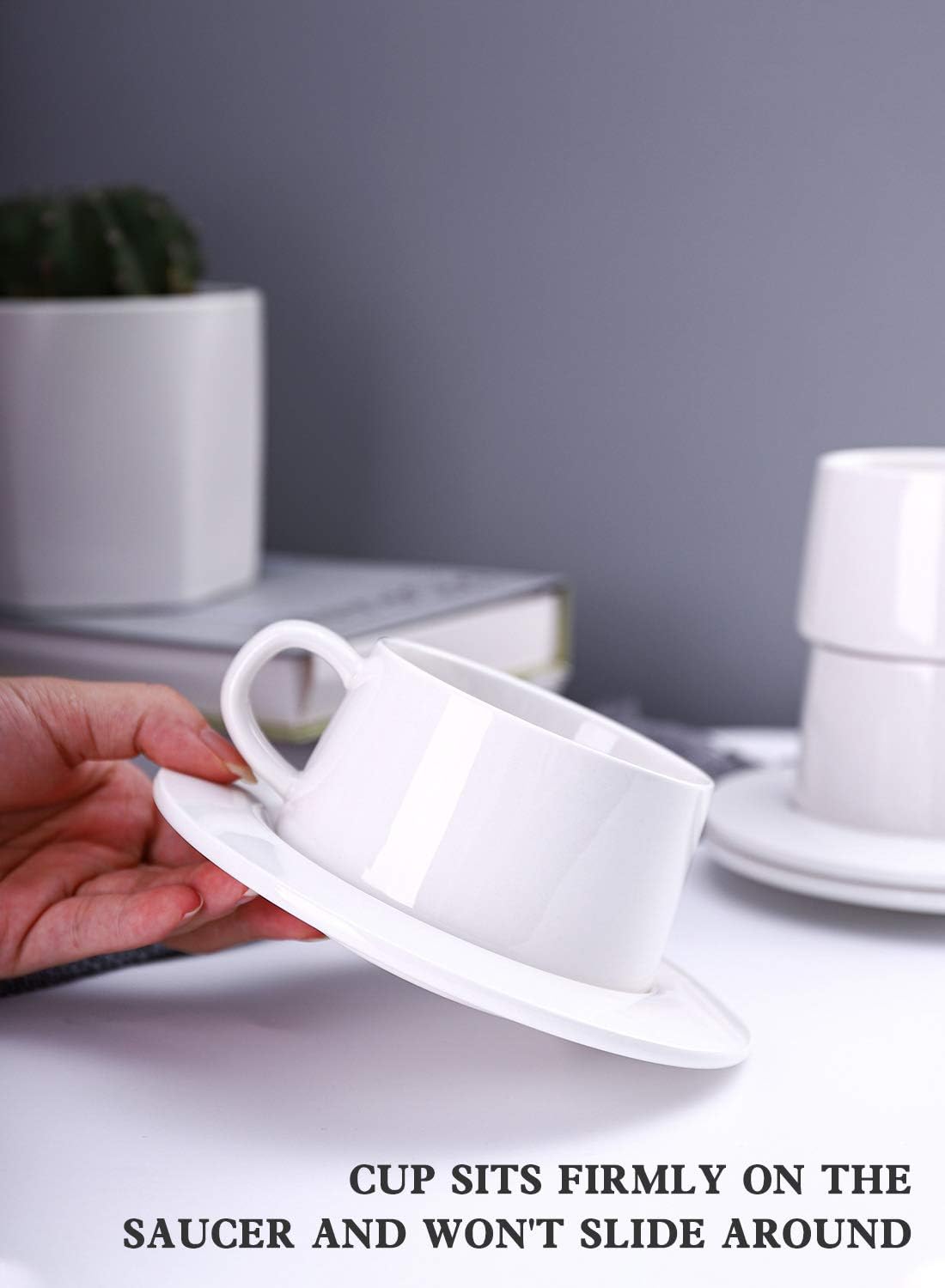Kanwone Porcelain Stackable Cappuccino Cups with Saucers - 8 Ounce for Specialty Coffee Drinks, Cappuccino, Latte, Americano and Tea - Set of 4, White