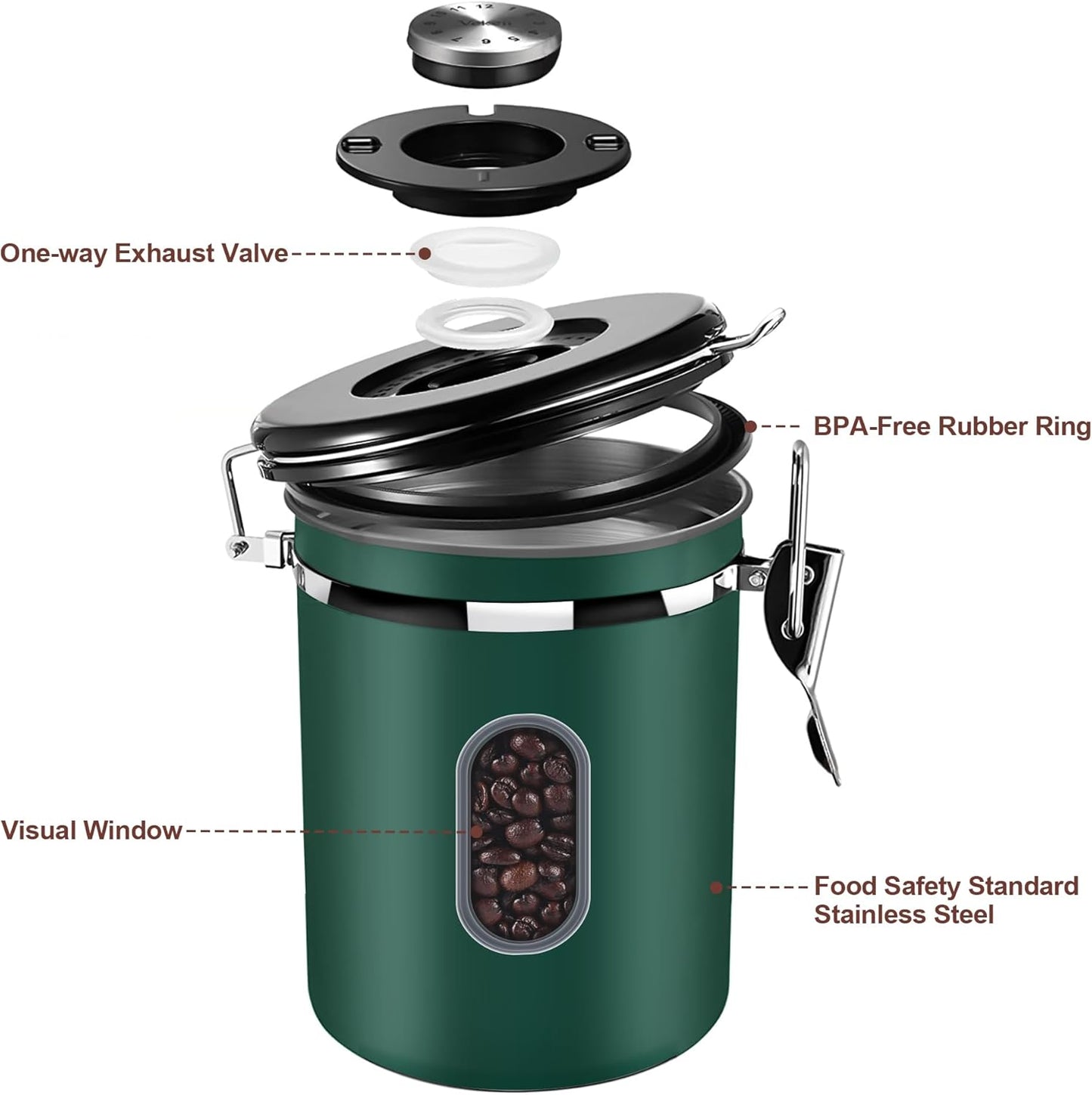 ROCKY&CHAO Airtight Coffee Canister with Date Tracker & Transparent Window, 22OZ Large Tea Coffee Canisters, Coffee Storage Canister, Coffee Container with 30ml Measure Spoon and 4 Co2 Valve(Green)