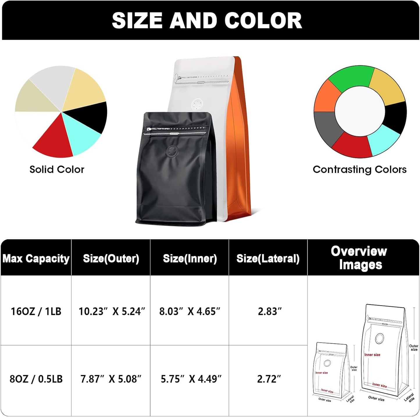 Coffee Bags with Valve(60pcs,16 oz,1 lb) Vented Coffee Beans Packaging Bags High Barrier Aluminumed Foil Flat Bottom Heat Sealed Side Zipper Resealable Storage Bag for Home or Business（White+Black）