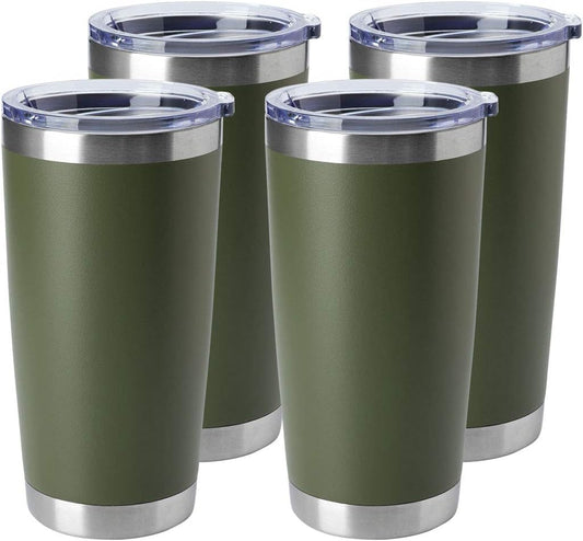 HASLE OUTFITTERS 20oz Stainless Steel Tumblers Bulk, Insulated Travel Cup with Lid, Double Wall Vacuum Coffee Mug for Cold & Hot Drinks 4 Pack, Army Green
