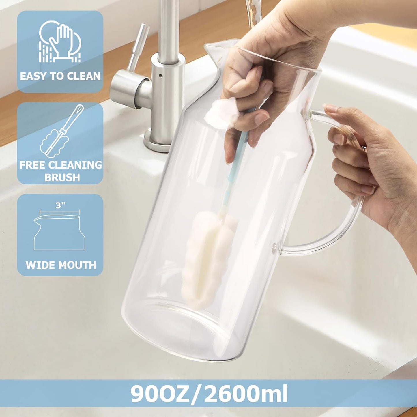 Yirilan Glass Pitcher, 2.6 Liter Water Pitcher with Lid, Large Juice Pitchers for Drinks, Glass Water Carafe, Glass Tea Jug, Beverage Pitchers