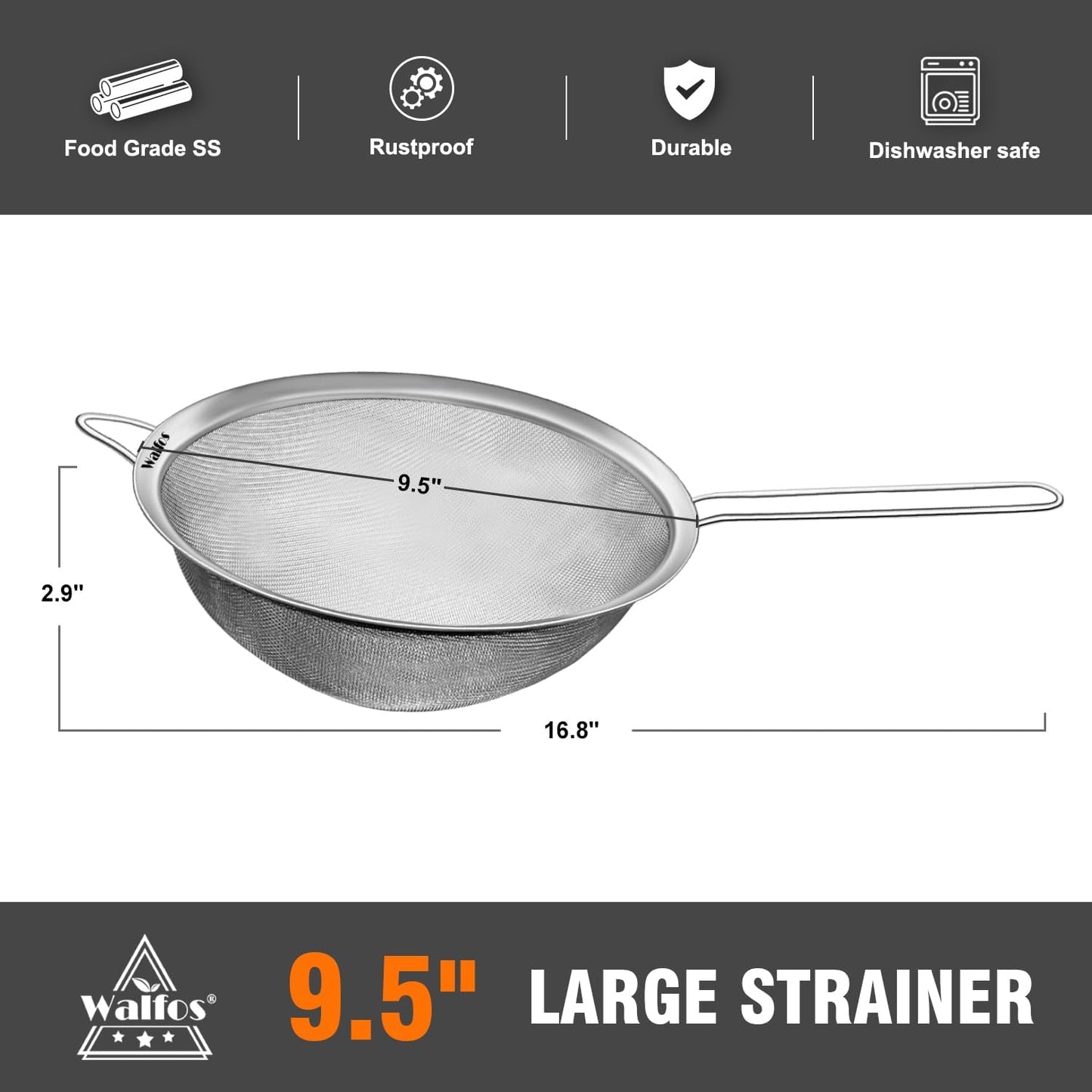 Walfos 9.5 Inch Large Fine Mesh Strainer, Stainless Steel 30 Mesh Sieve with Sturdy Handle, Kitchen Food Strainers Sifters for Rice, Quinoa, Pasta, Fruits, Vegetables, etc.