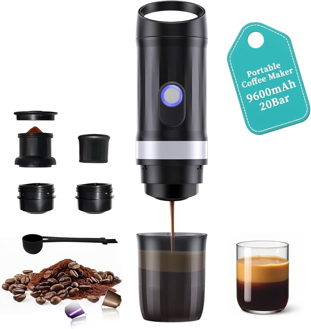 3-in-1 Portable Coffee Maker Fits For Ground Coffee & Capsule Pod(NS&DG),9600mAh&20Bar Mini Battery Espresso Machine For Camping | Office | RV | Travel,Small Self-Heating Electric Coffee Machine