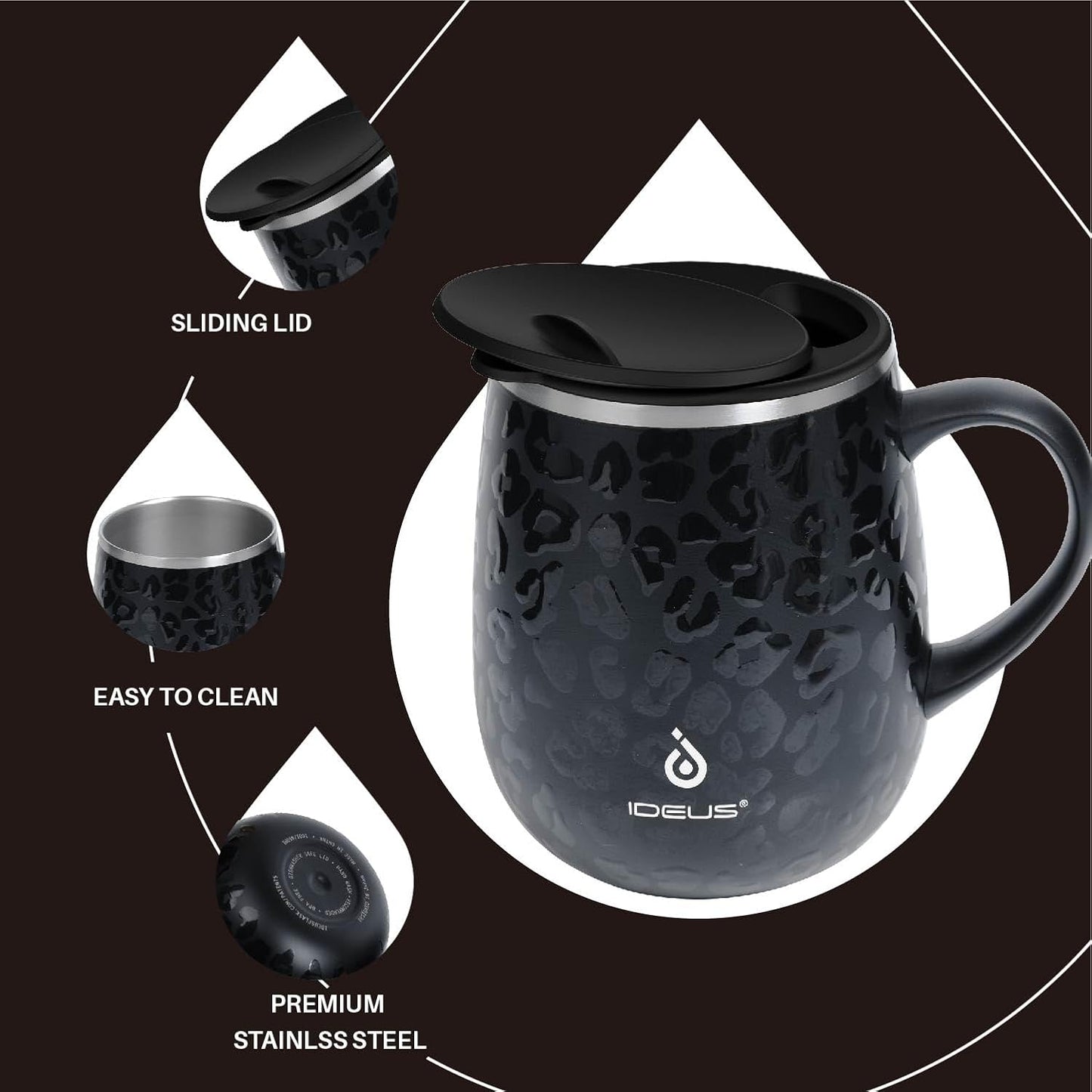 Ideus 16 oz (470 ml) Insulated Coffee Mug with Handle and Lid, Double Wall Stainless Steel Vacuum Thermal Coffee Mug, Travel Coffee Cup Thermal Cup for Home and Office, Leopard Black