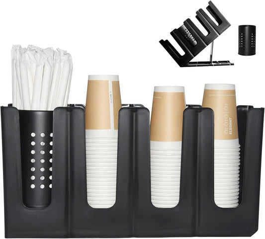 Cup Holder Lid Dispenser with Straw Organizer,4 Compartment 7 Adjusting,Cup Storage Organizer for Breakroom Countertop Coffee Station Bar Restaurant