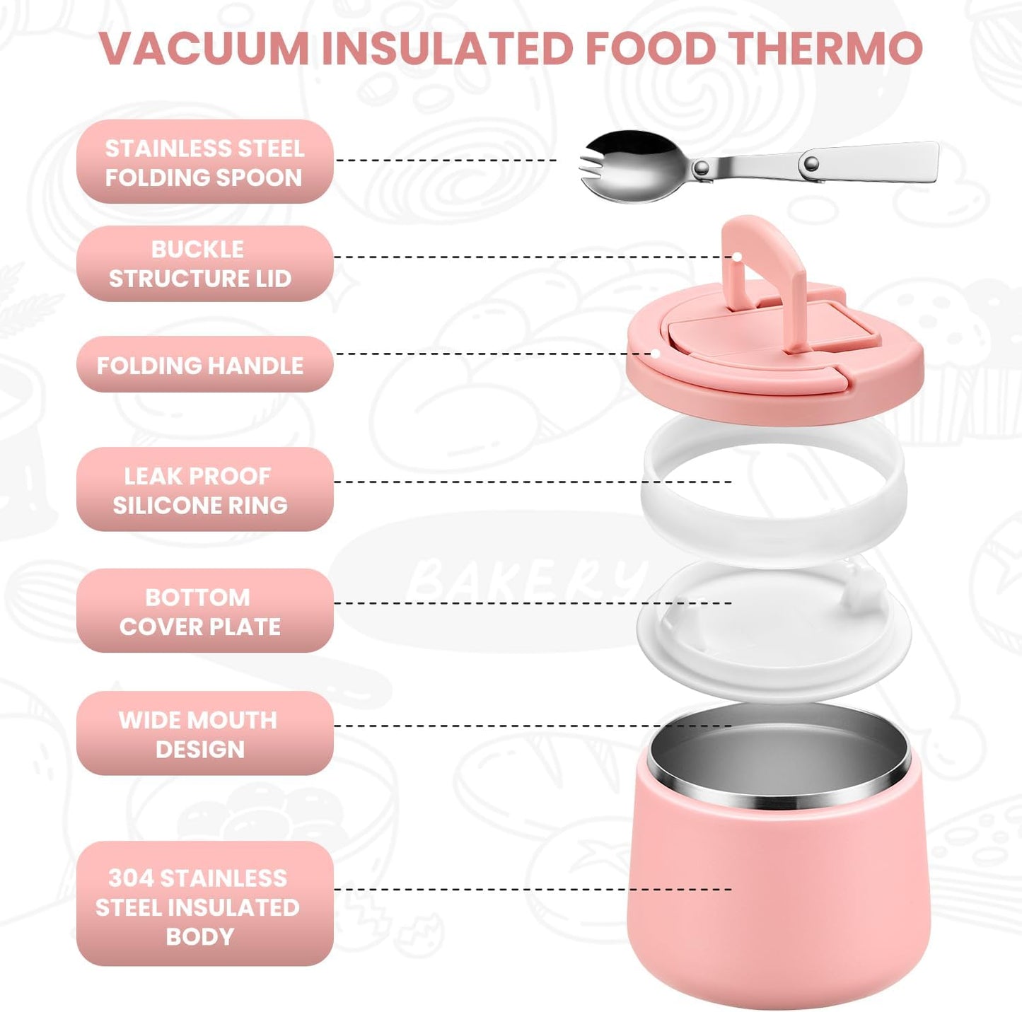 Soup Thermo for Hot Food Kids 14oz Lunch Containers with Buckle Lid Wide Mouth Hot Food Jar Vacuum Insulated Stainless Steel Bento Box Leakproof with Spoon(Pink)